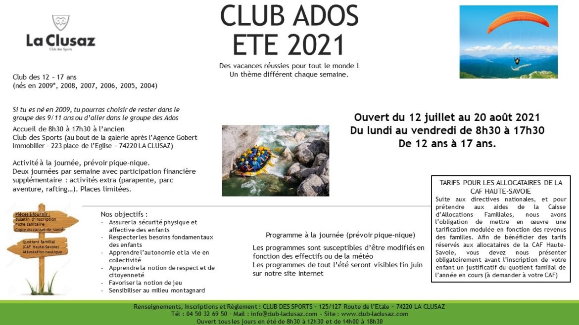 OUVERTURE DU CLUB ADOS / ÉTÉ 2021 – Club des sports la clusaz